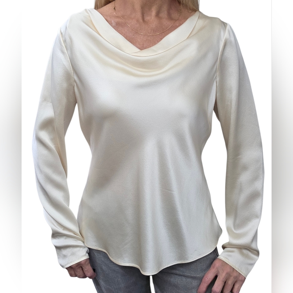 Nordstrom Silk Blouse Size M Ivory Satin Cowl Neck Minimalist Quiet Luxury - Picture 4 of 8